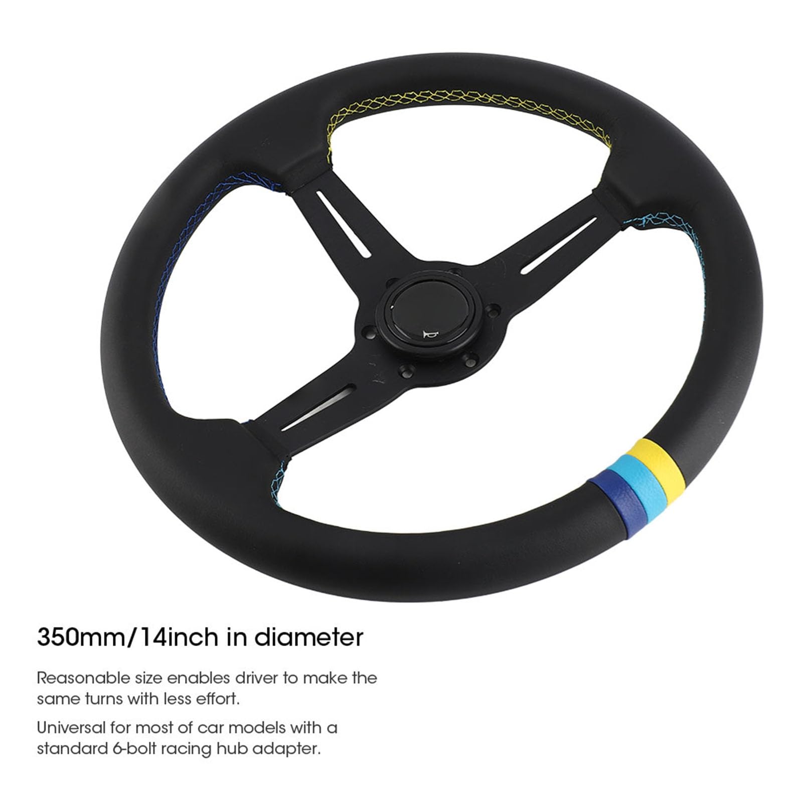 Volante da Corsa in Pelle Nera 350 mm (14 Pollici) - Design Universale a 6 Bulloni con Pulsante Clacson