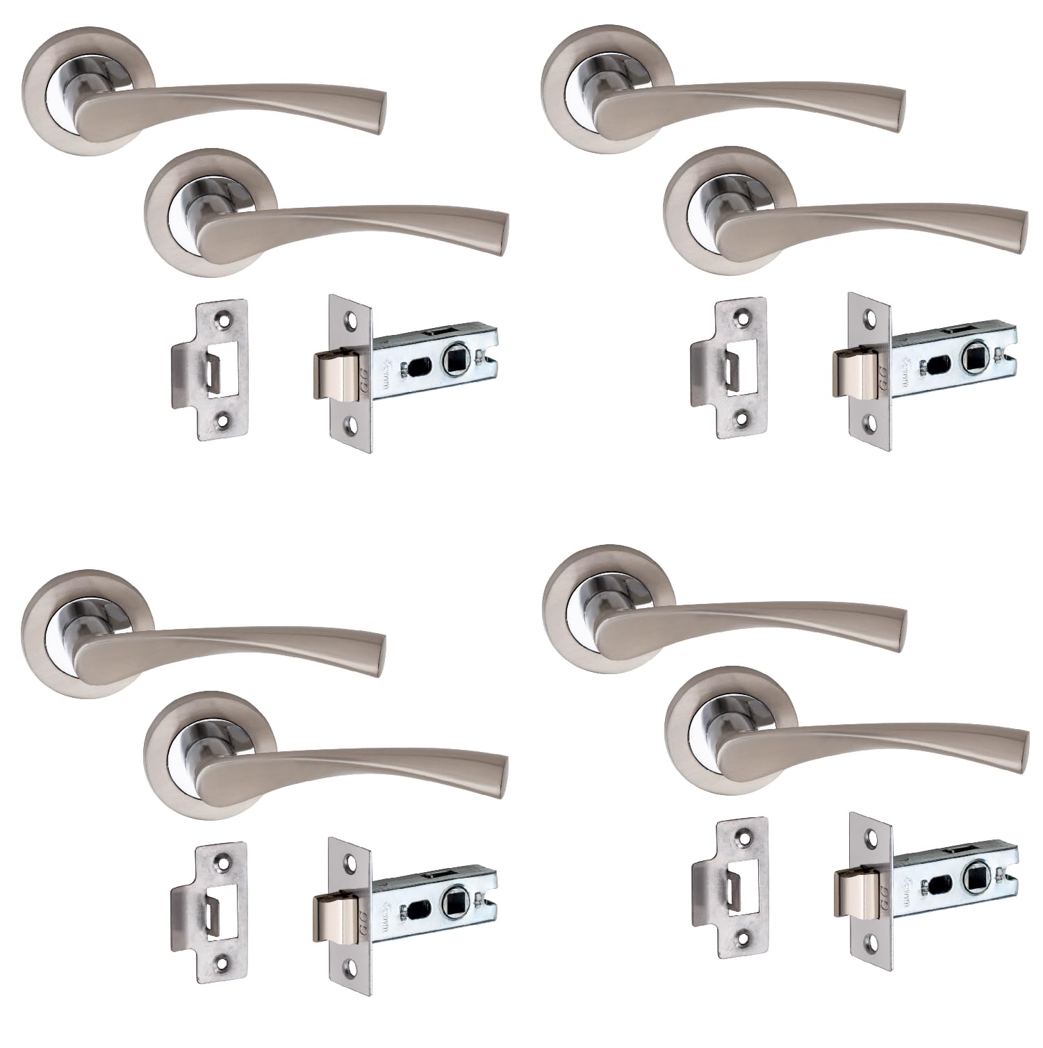 Golden Grace Astrid Design Door Handles on Round Rose in Duo Chrome Finish with 2.5" Tubular Latch, 4 Pairs - 52mm Diameter