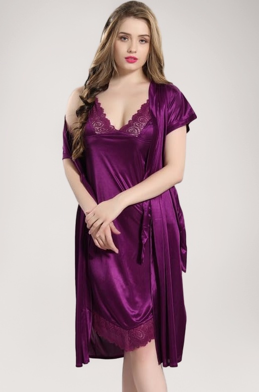 Women Satin Short Nighty with Lace & Robe 1306