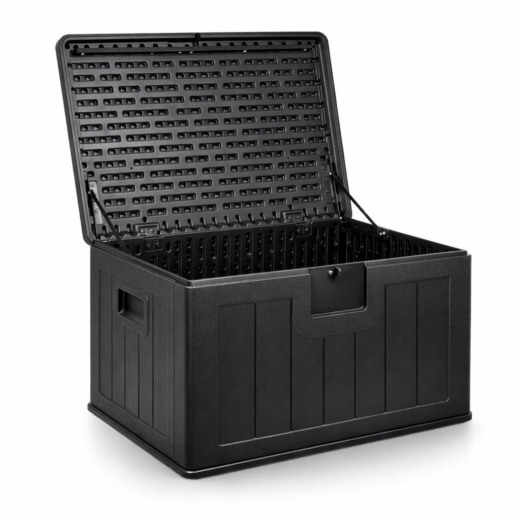 Baúl exterior almacenaje de resina impermeable multiusos 410L | Arcón de jardín resistente a la intemperie | Almacenamiento de cojines, herramientas o juguetes | Cofre organizador con tapa y asas — view 10