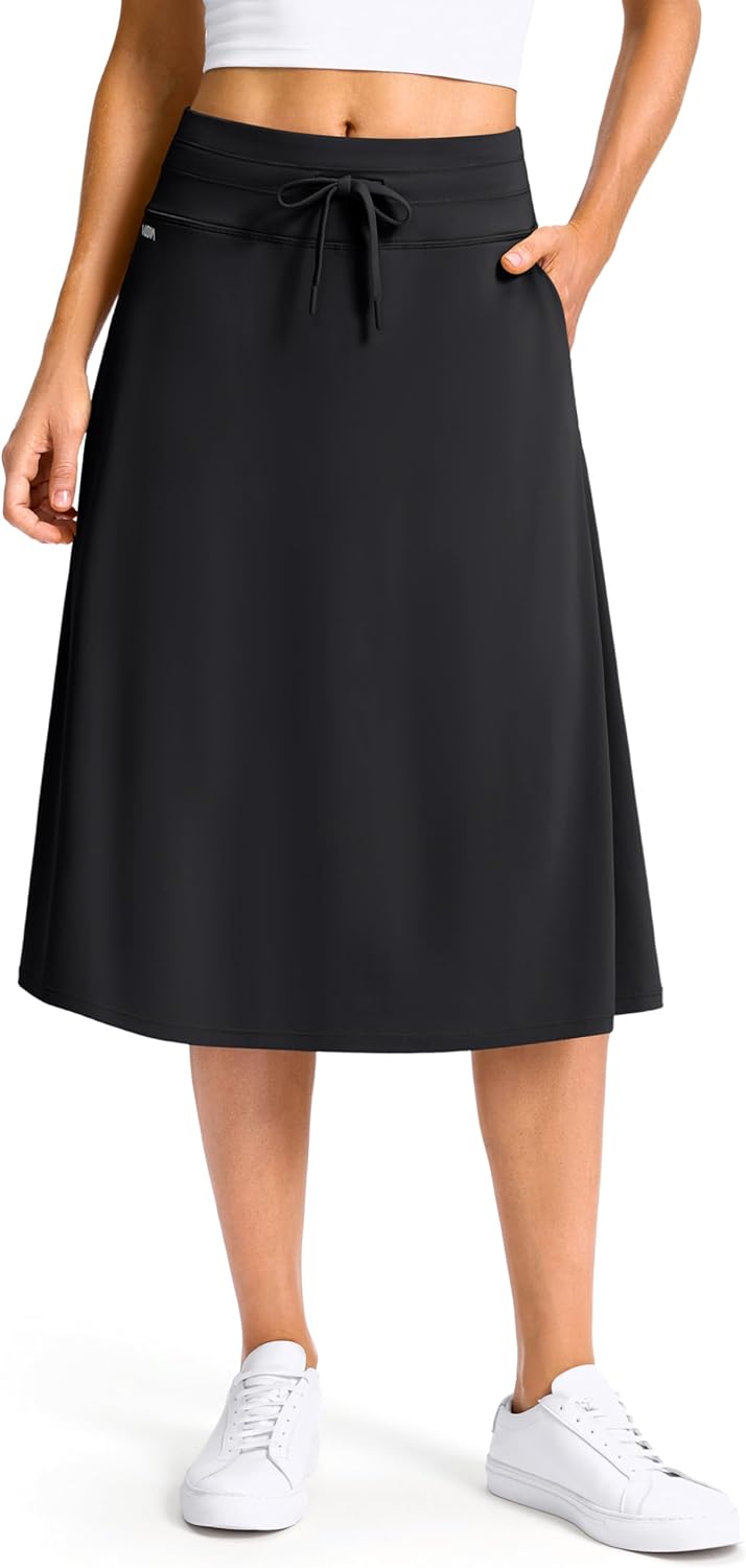 Viodia 28'' Midi Skorts for Women with Pockets High Waisted Drawstring Modest Skirt with Shorts Underneath for Casual Travel
