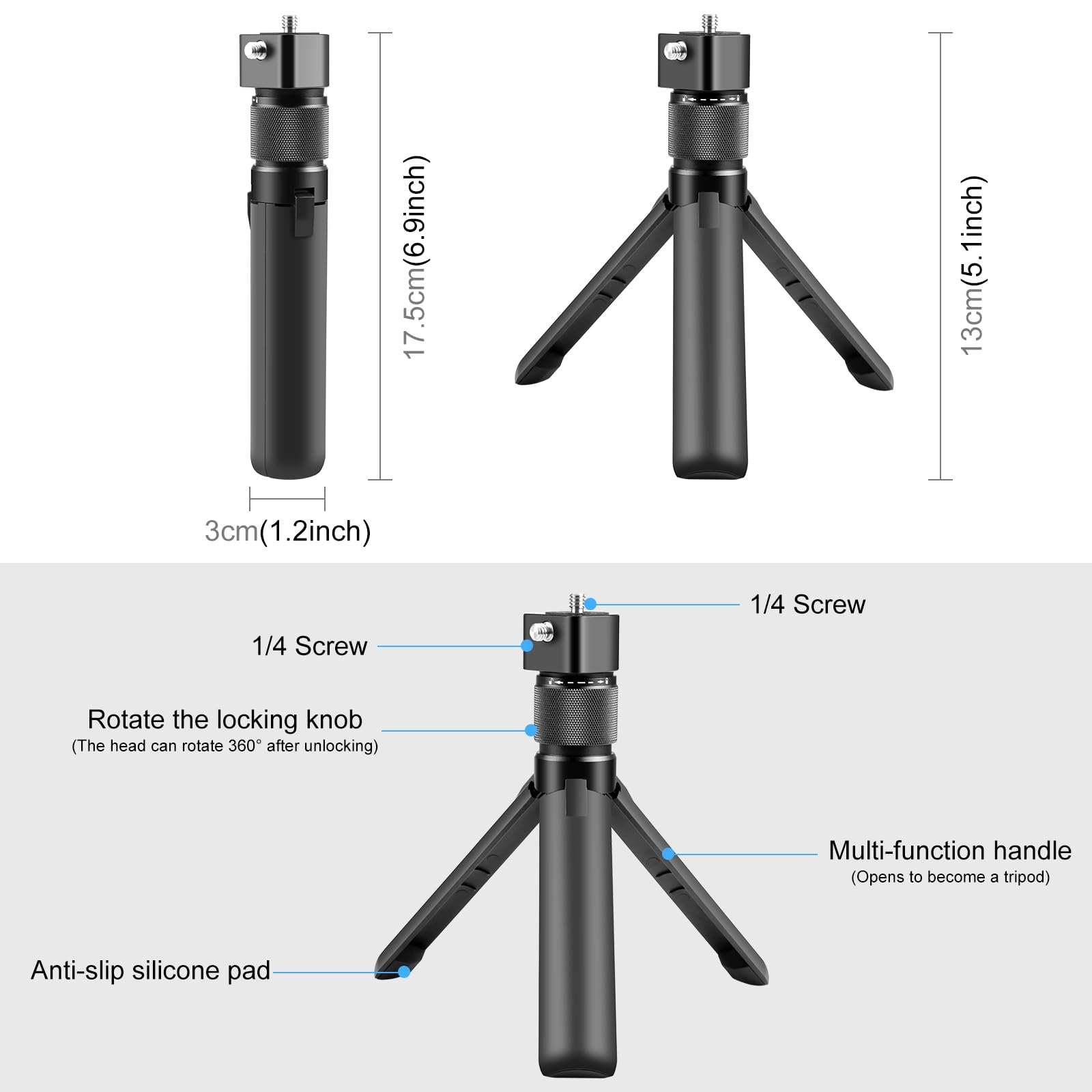 PULUZ Bullet Time Handle Tripod Multi-Functional Tabletop Fold Tripod for insta360 Insta 360 X4 X3, ONE RS, ONE X2, X3, X4 Gopro Go pro Hero 13 12 11 10 5 4 3 Camera Accessories
