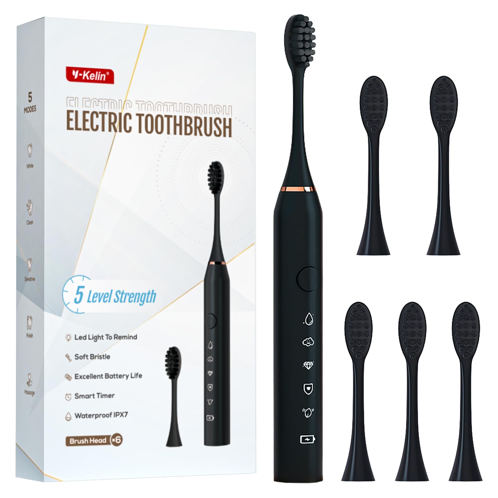 Cepillo de dientes eléctrico sónico, cepillo de dientes recargable con 6 cabezales de cepillo Dupont, con temporizador inteligente de 2 minutos, 5 modos con blanqueamiento dental, regalo para la