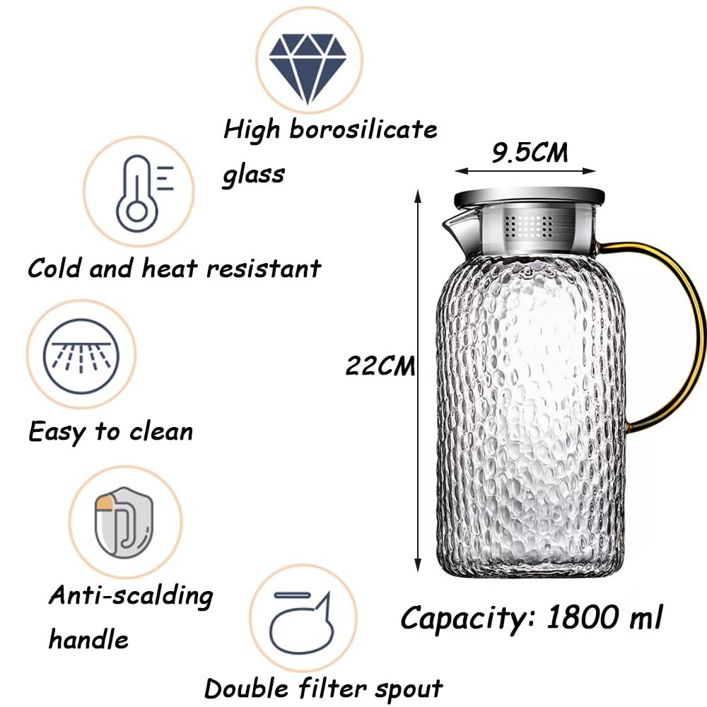 Nff Jarra De Cristal, Jarra De Agua De Cristal De 1,8 L con Tapa, Jarra De Cristal Texturizado Martillado con Asa, Apta For Té, Zumo, Agua, Café