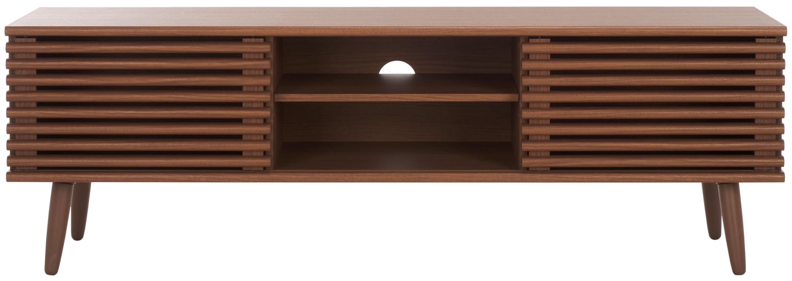 SAFAVIEH Averi TV Stand for up to 65" Flatscreen – Dark Walnut, 2 Sliding Doors with Interior Storage, 2 Open Shelves, Entertainment Media Console (