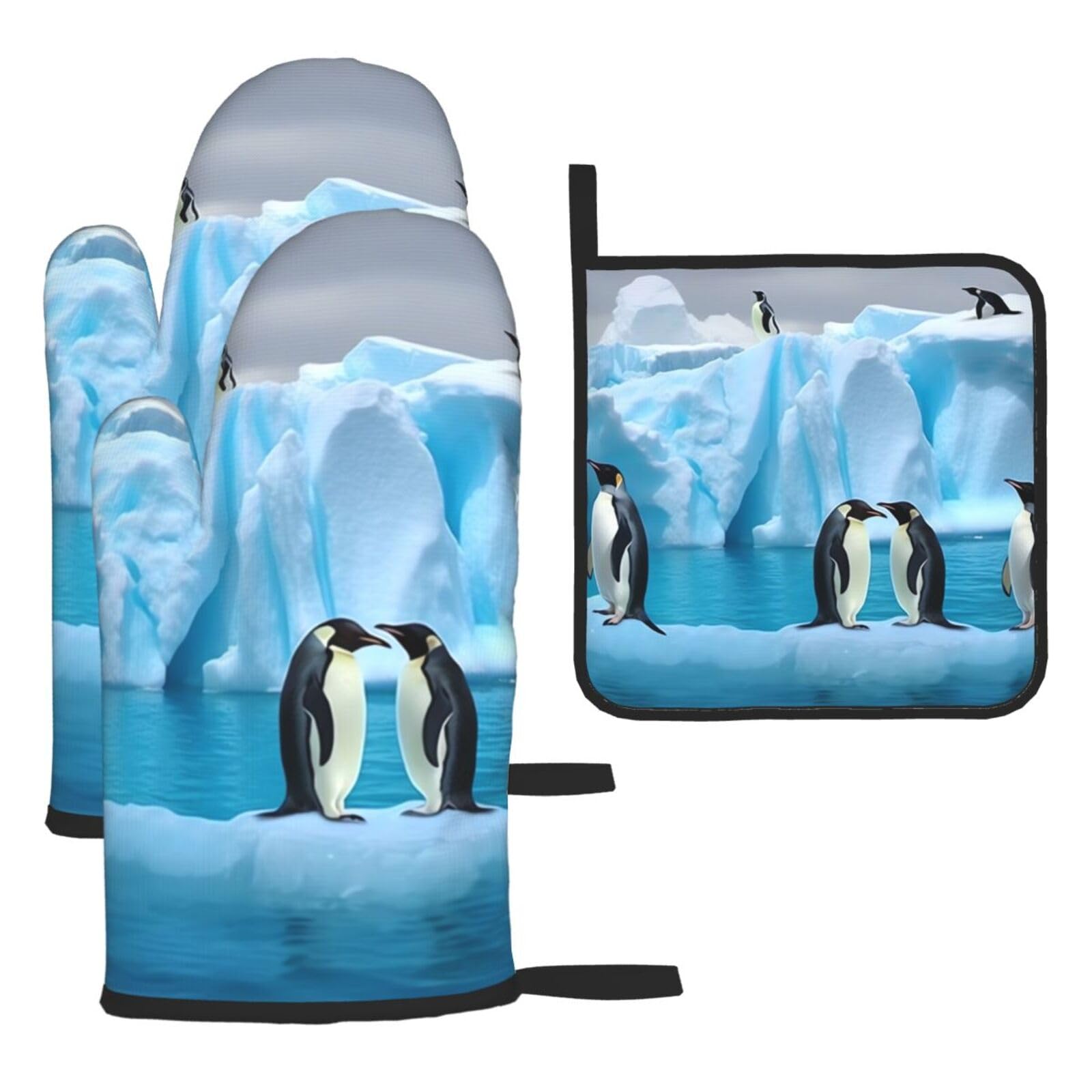 3 Piece Oven Mitts and Pot Holders Set Heat Resistant Oven Gloves and Potholders BBQ Gloves Hot Pads Penguins On The Iceberg Cooking Gloves for Kitchen Baking Grilling