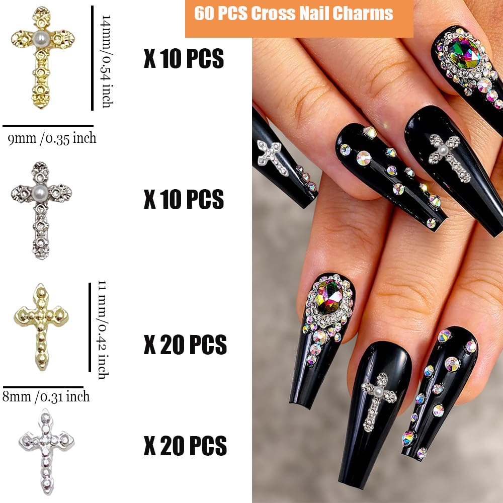 60 sztuk zawieszek do paznokci w kształcie krzyża do paznokci, złote, srebrne, w stylu vintage, ze stopu metali, punk, złoty, srebrny