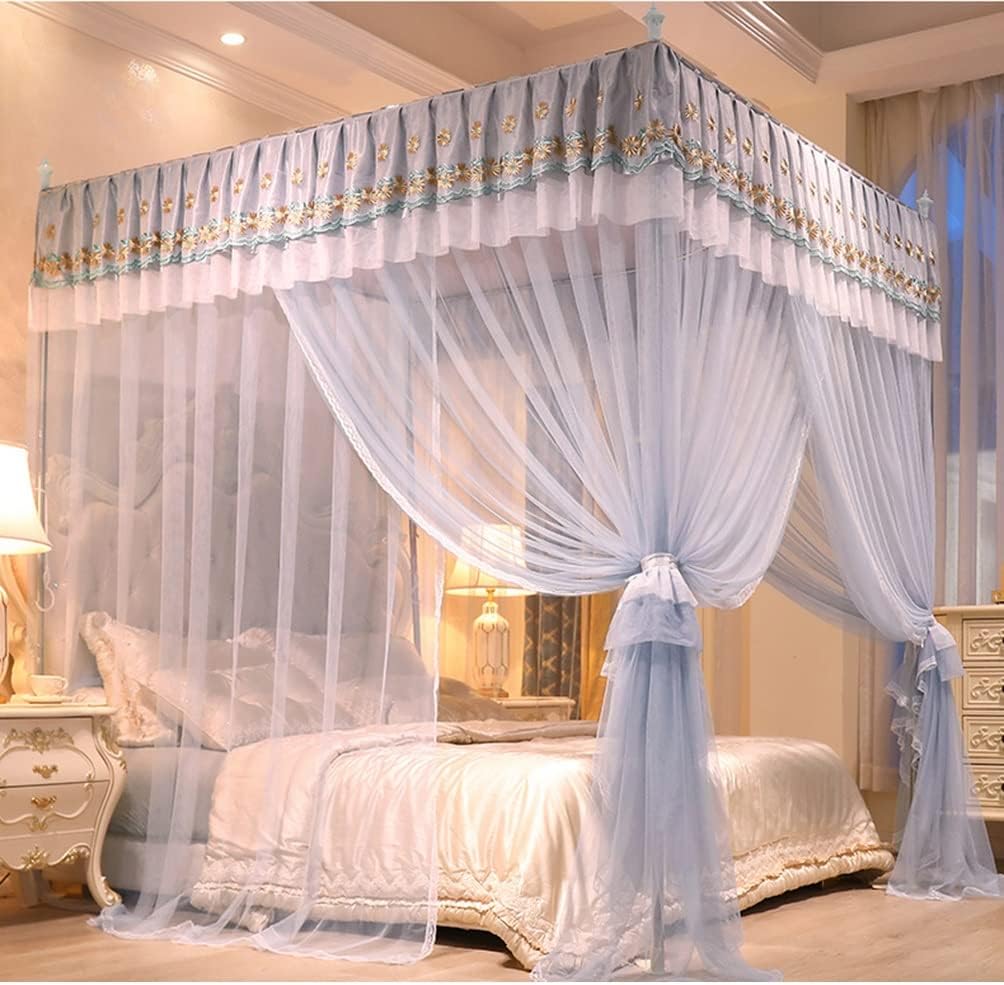 Fabric Bed Drapes Mesh Protection Canopy Shielding Netting,4 Corner Post Bed Canopy Mosquito Net for Single Bed Double Bed, Easy to Install Bedroom Decor Bed Curtains