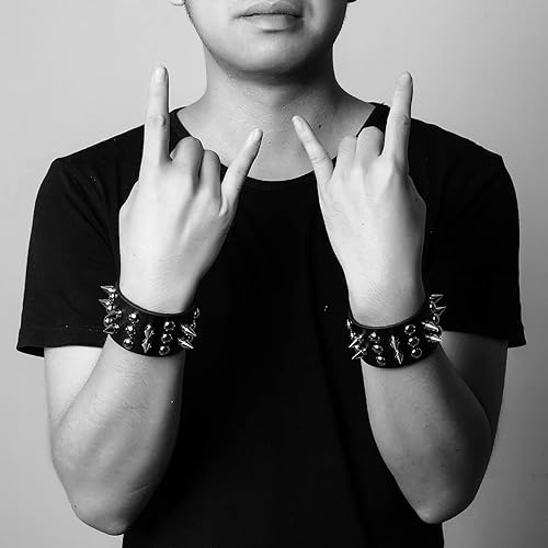 Miniatura 3 de Eigso Juego de 2 pulseras de cuero de correa ancha con tachuelas y tachuelas de rock, punk, gótico, remache, hebilla para hombres y mujeres