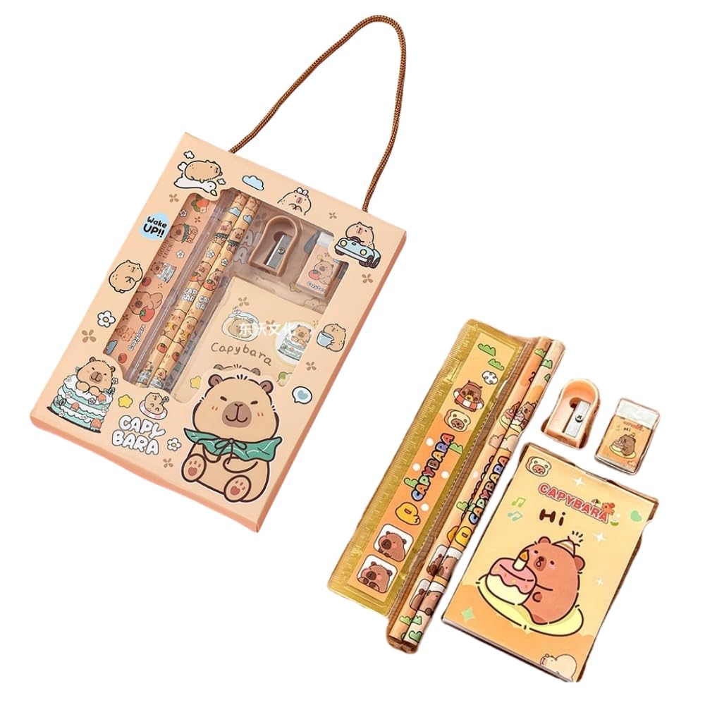 FEIFEI'S BOW Capybara dog Stationery Set, School Stationery Set Include 2 Pencils, Ruler, Eraser and Pencil Sharpener, and notebook Birthday Gifts for Girls and Boys back to school (Capybara)