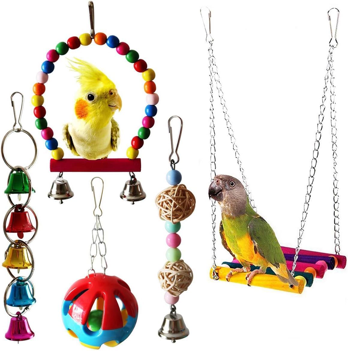 DUBKART 5Pcs Bird Parrot Toys Hanging Bell Pet Cage Hammock Swing Toy For Small Parakeets Cockatiels, Conures, Macaws, Parrots, Love Birds