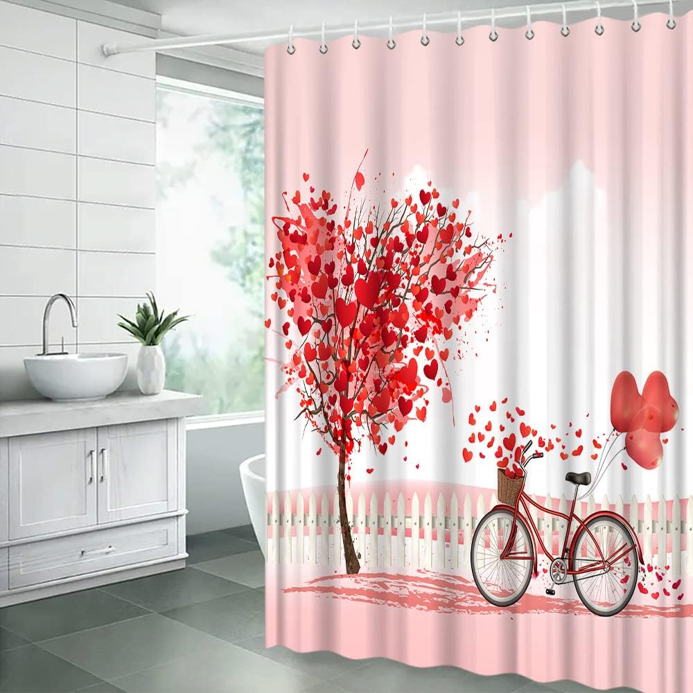 Valentine's Day Shower Curtain Red Gold Heart Abstract Floral Romantic Sweet Love for Lover Couple Creative Bathroom Decor Fabric Curtain with Hooks
