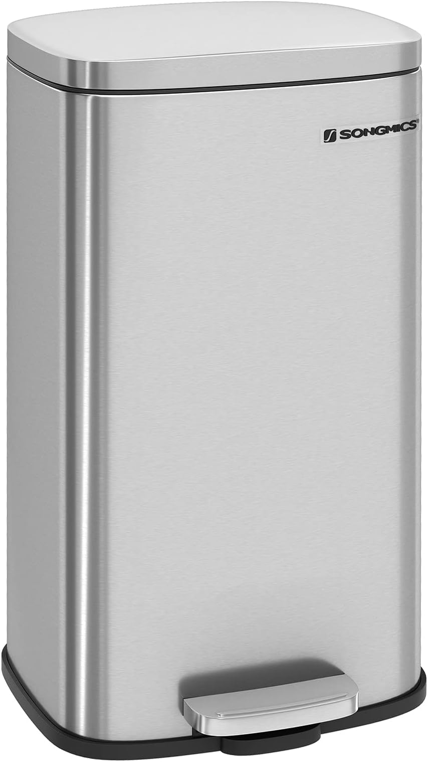 SONGMICS Kitchen Bin 30L, Pedal Bin, Rubbish Bin with Soft-Close Lid and Inner Bucket, Steel, Silver LTB03NL