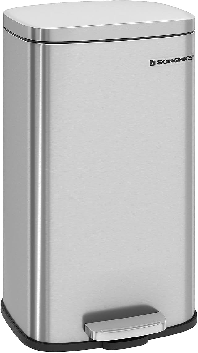 SONGMICS Mülleimer Küche, 30 Liter, Abfalleimer, Treteimer, mit Deckel, Softclose, Fußpedal, Stahl, Inneneimer, silbern LTB03NL