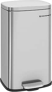 SONGMICS Cubo de Basura de Cocina 30 L, Basurero con Pedal, Contenedor con Tapa de Cierre Suave y Cubeta Interior, Acero, Plata LTB03NL