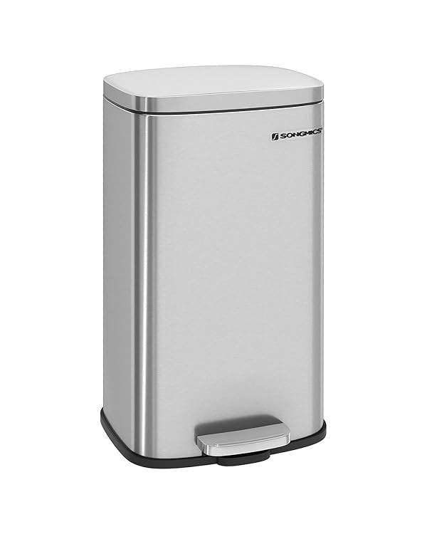 SONGMICS Trash Can with Lid, 8 Gallon Garbage Can, Stainless Steel Small Waste Bin with Step Pedal and Inner Bucket, Soft Close, Kitchen, Silver ULTB03NL by SONGMICS - Used condition - US$53.51