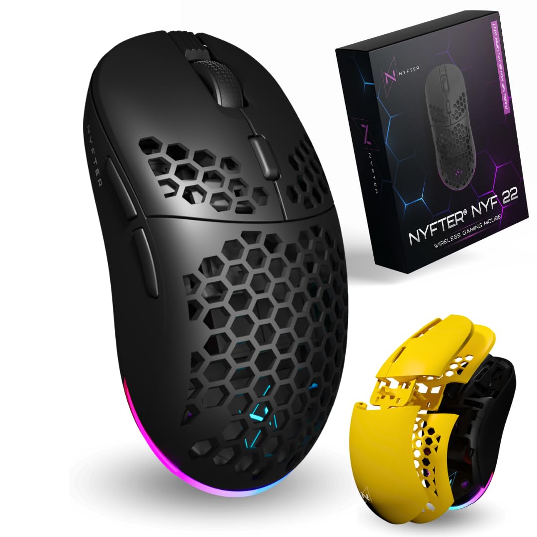 Nyfter - NYF22 Wireless Gaming Mouse Ultraligero 75g Potente con 400mA 19K DPI, 400 IPS 1000 Hz 50h Duración de la batería Duradera Dos Cases intercambiables Incluye