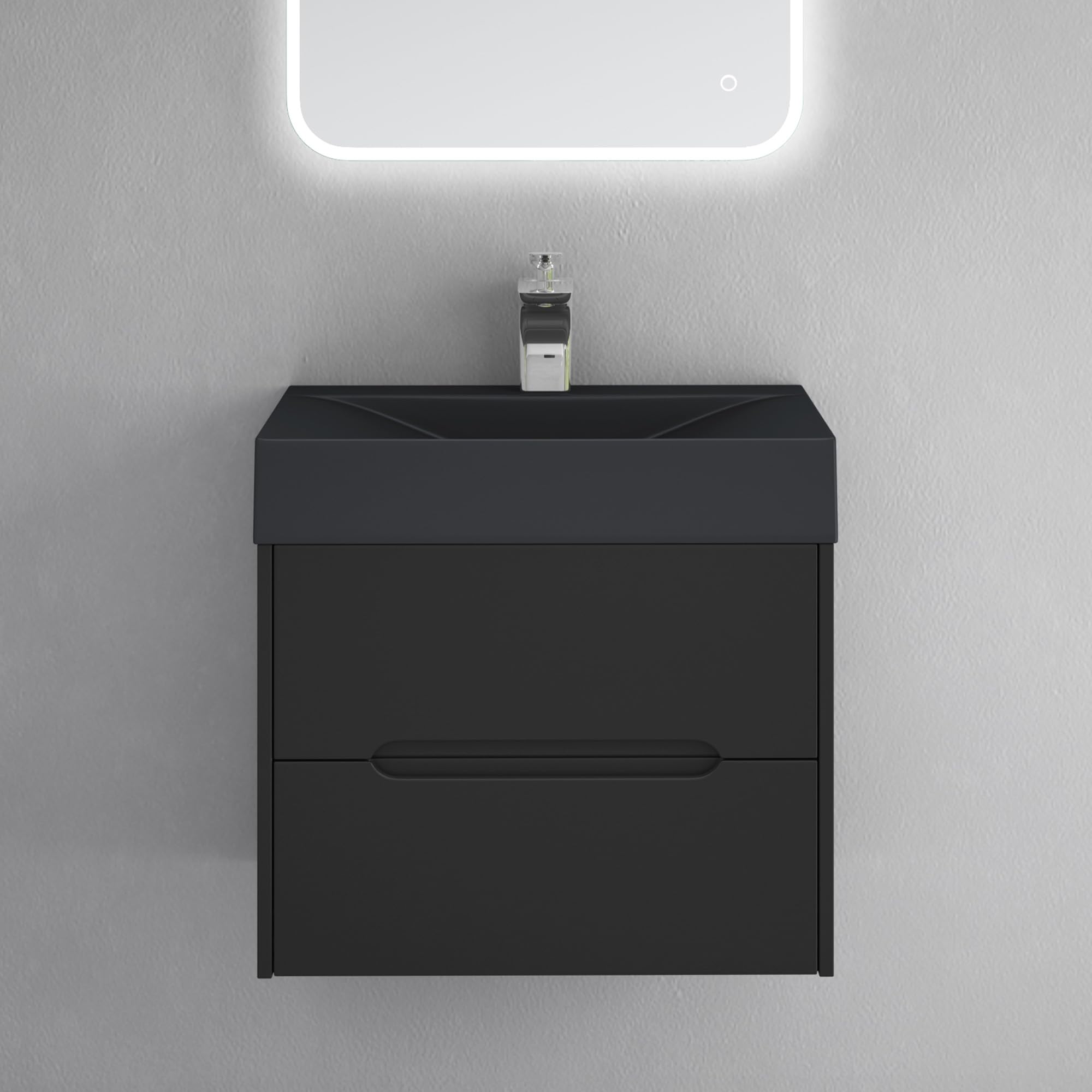 doporro Meuble de Salle de Bain Suspendus Noir Mat 60x48x56cm Ensemble de 2 Pièces Meuble avec Lavabo Design Yoga-Lackier