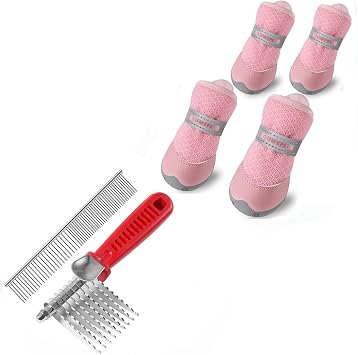 QUMY Pink Mesh Dog Shoes Small Size 2 and Pet Comb Set for Outdoor Walking, Hiking, Riding, Driving, Boating