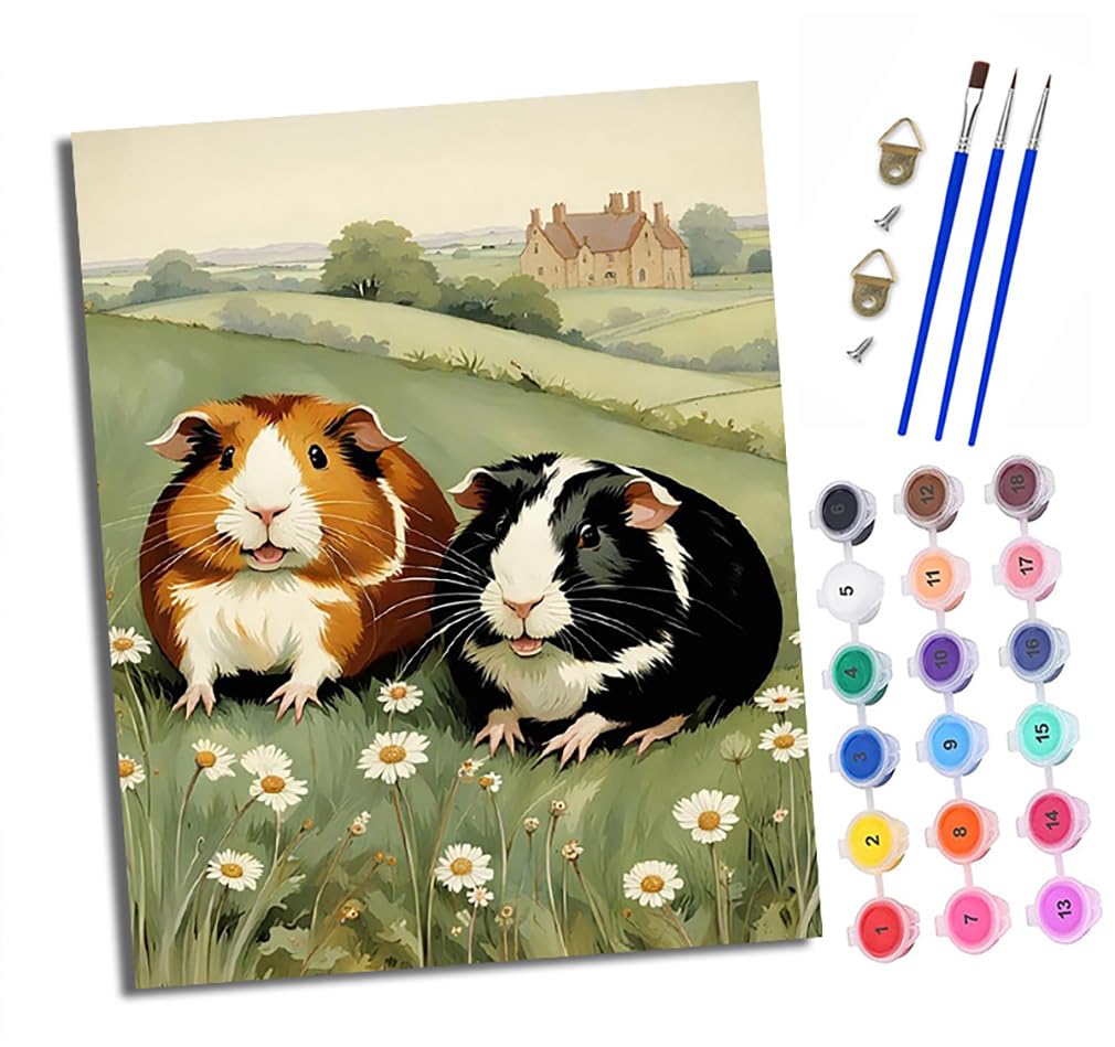 XXHXIE Paint by Numbers for Adults DIY Painting by Numbers Kits Two Guinea Pigs in a Flower Field with Acrylic Paints Pre Printed Canvas and Brushes Gift Wall Decor 16x20 inch Without Frame