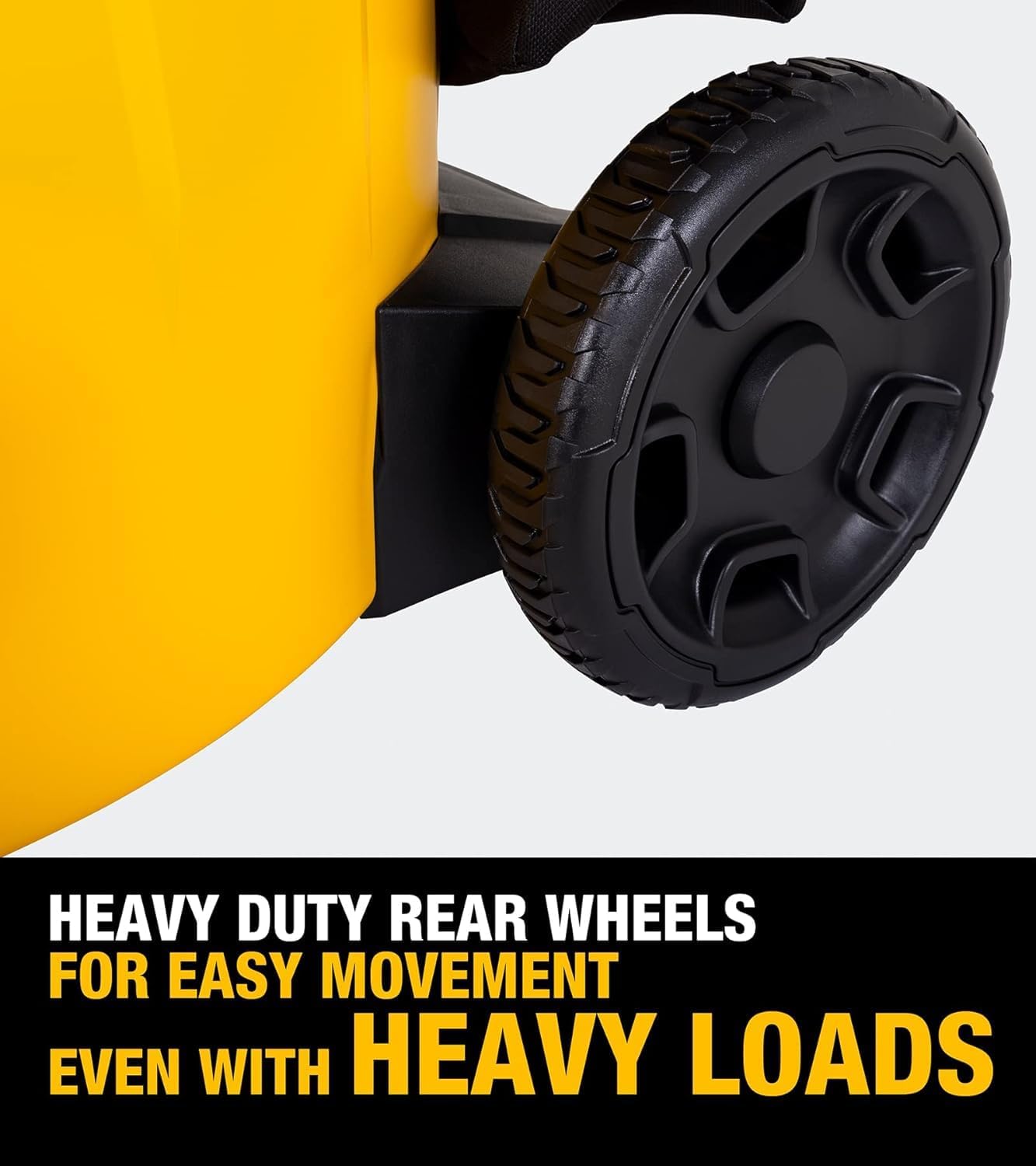 Close-up of the heavy-duty rear wheels on the DEWALT vacuum