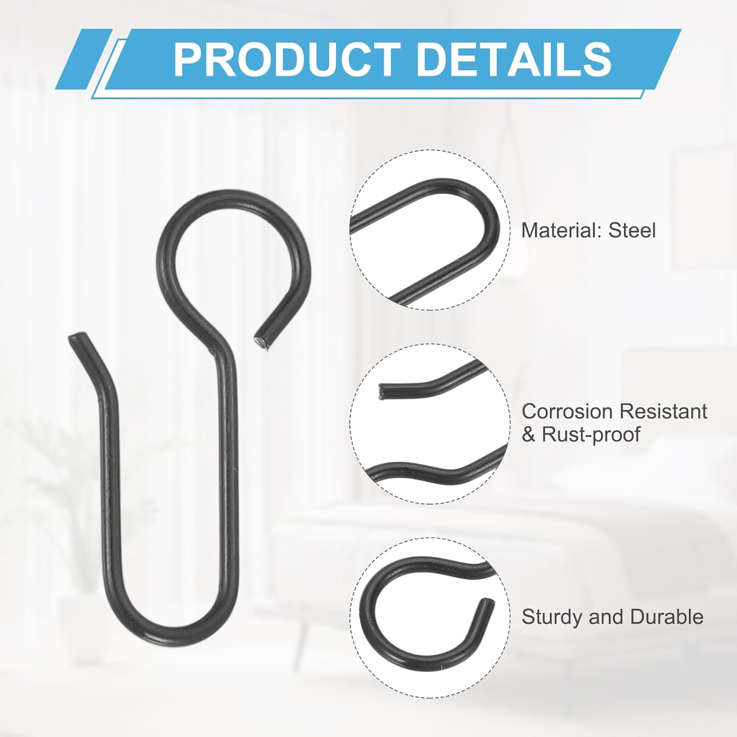 PATIKIL Metal Curtain Track Hooks, 28Pcs S-Shaped Steel Drapery Wire Hook Pins for Ceiling Wall Drape Track Shower Curtains Door Curtains, Black