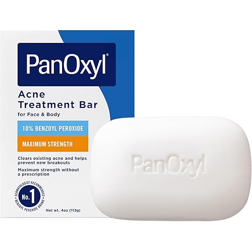 PanOxyl Acne Treatment Bar with 10% Benzoyl Peroxide, Maximum Strength Bar Soap for Face, Chest and Back, Benzoyl Peroxide Soap Body Wash, Vegan, For Acne Prone Skin, 4 oz