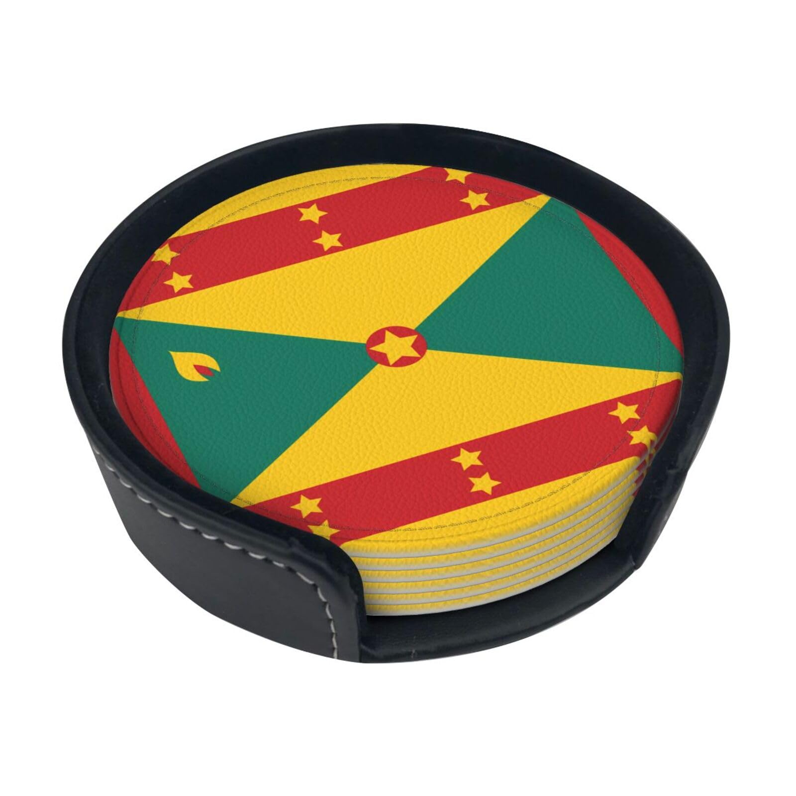 Flag of Grenada Printed Coaster Set, with Holders, 6 Pieces. Suitable for Dining Tables, Kitchen Decor, and Coffee Tables.