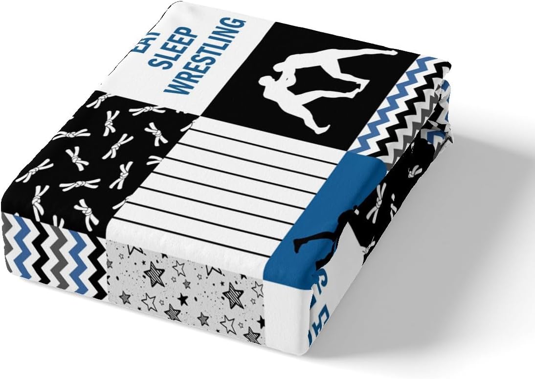 Wrestling Duvet Cover Set Queen Size,Wrestler Men Boys Sport Bedding Set for Kids Teens Adult Room Decor,Navy White Black Patchwork Plaid Comforter Cover Striped Stars Grid Quilt Cover,2 Pillowcases