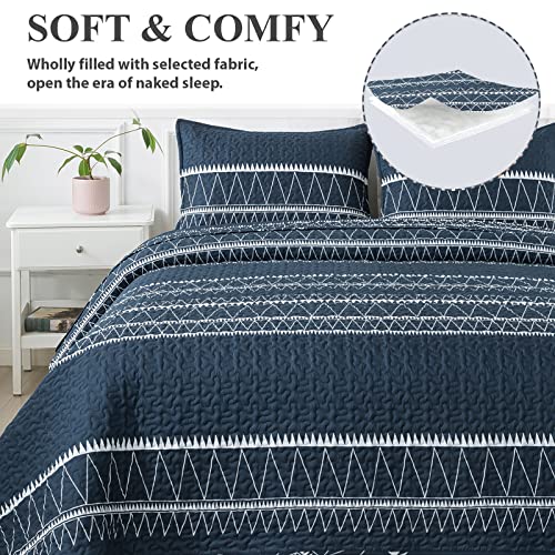 Andency Navy Blue Quilt Set California King (112X104 Inch), 3 Pieces(1 Striped Triangle Printed Quilt And 2 Pillowcases), Bohemian Summer Lightweight Reversible Microfiber Bedspread Coverlet Sets #TOP2