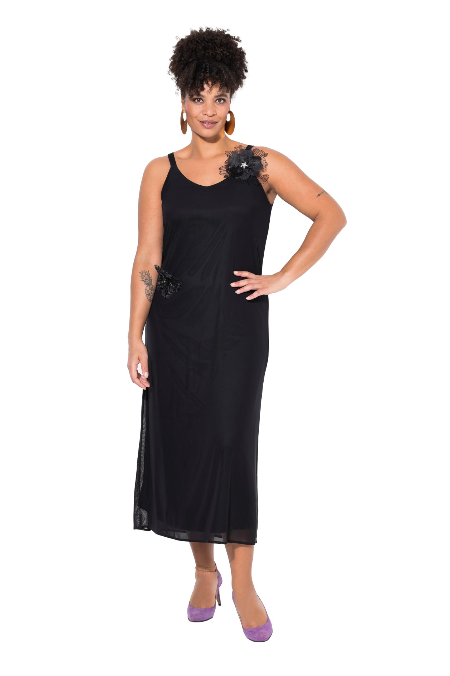 MIAMODA Damen große Größen Übergrößen Plus Size Mesh-Maxikleid, A-Linie, abnehmbare 3D-Blüten 839870