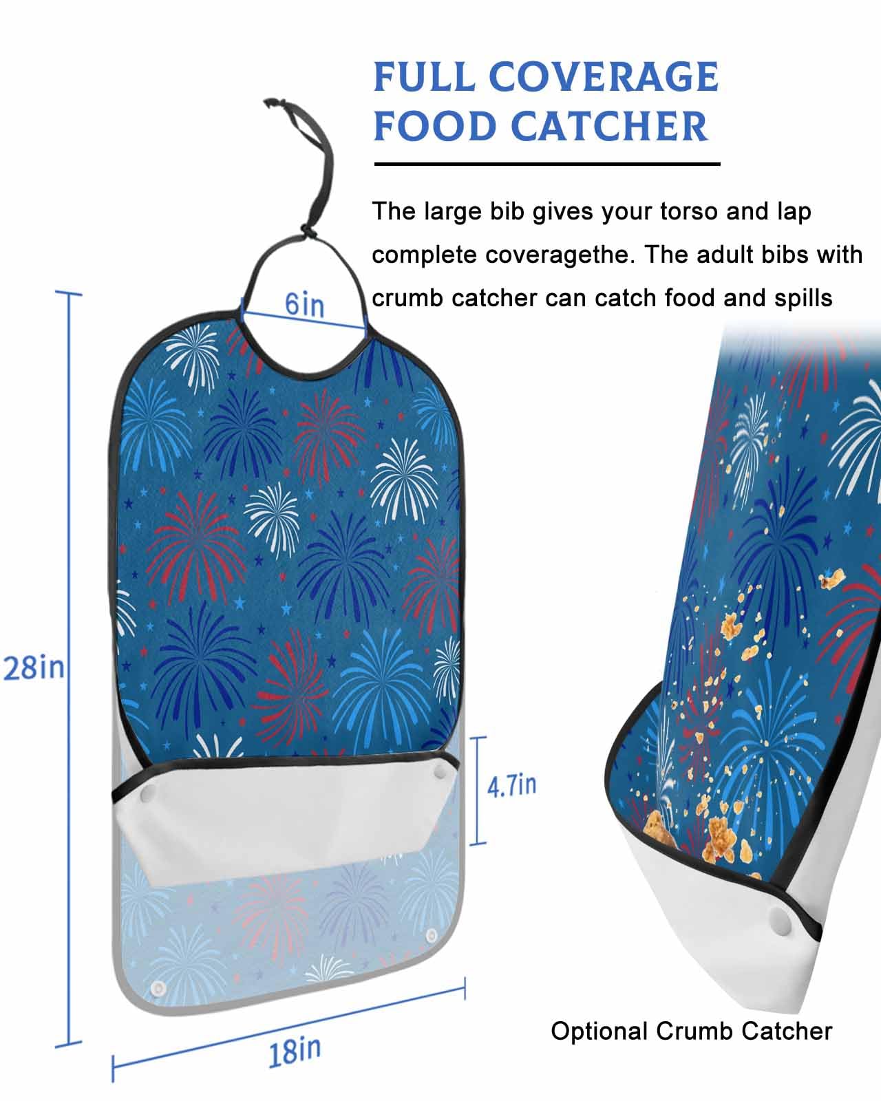 LEOKOTI Blue 4th of July Adult Bibs for Eating, Waterproof Bibs with Food Catcher & Snap Closure, Blue Red White Fireworks Independence Day Washable Clothing Protectors Adult Bibs for Elderly