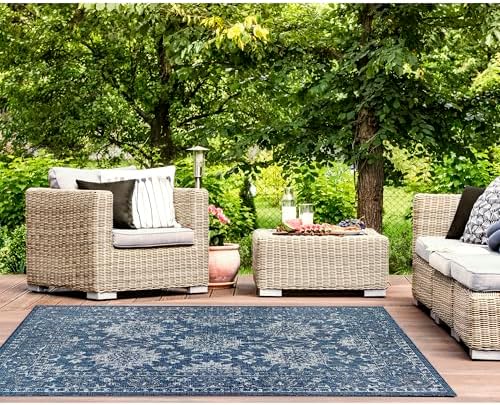 Liora Manne CARMEL Indoor/Outdoor Power Loomed Synthetic Blend Low Profile Area Rug - Traditional Medallion Botanical Floral Decorative (Vintage Floral Navy) (6'6" x 9'4")