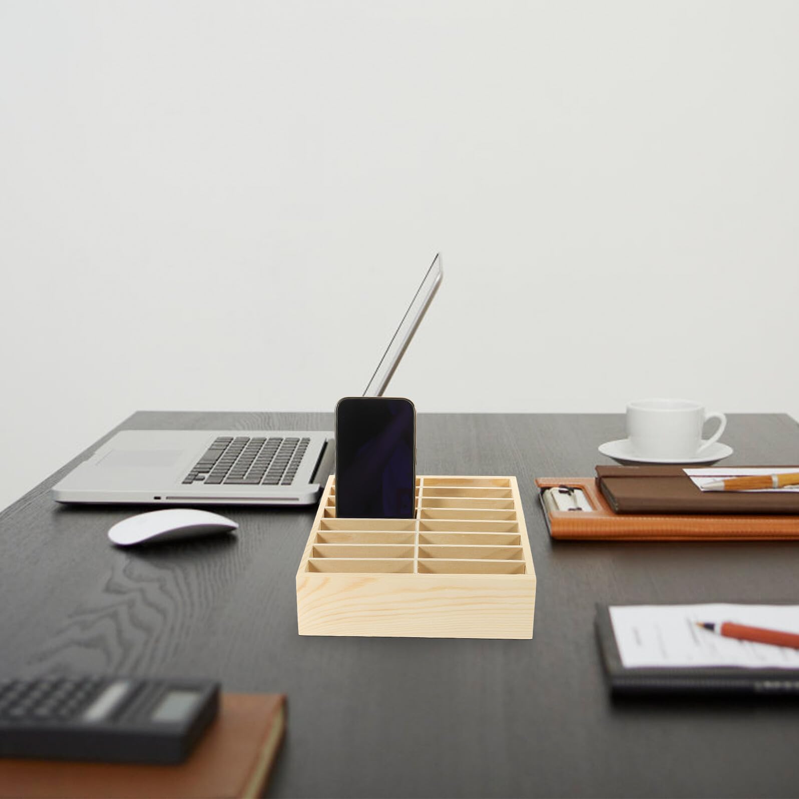 Scatola Portaoggetti da Scrivania per Telefoni Scomparti | Legno Beige, per Ufficio e Laboratorio Riparazioni, Ordine su Piano di Lavoro