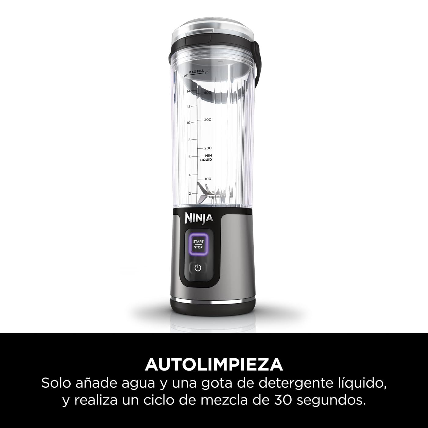 Ninja Blast Batidora portátil, Vaso de 530 ml con tapa antigoteo y boquilla para sorber, Minibatidora sin cable, recargable, smoothies, batidos de proteínas, pica hielo y frutas congeladas, BC151EUBK