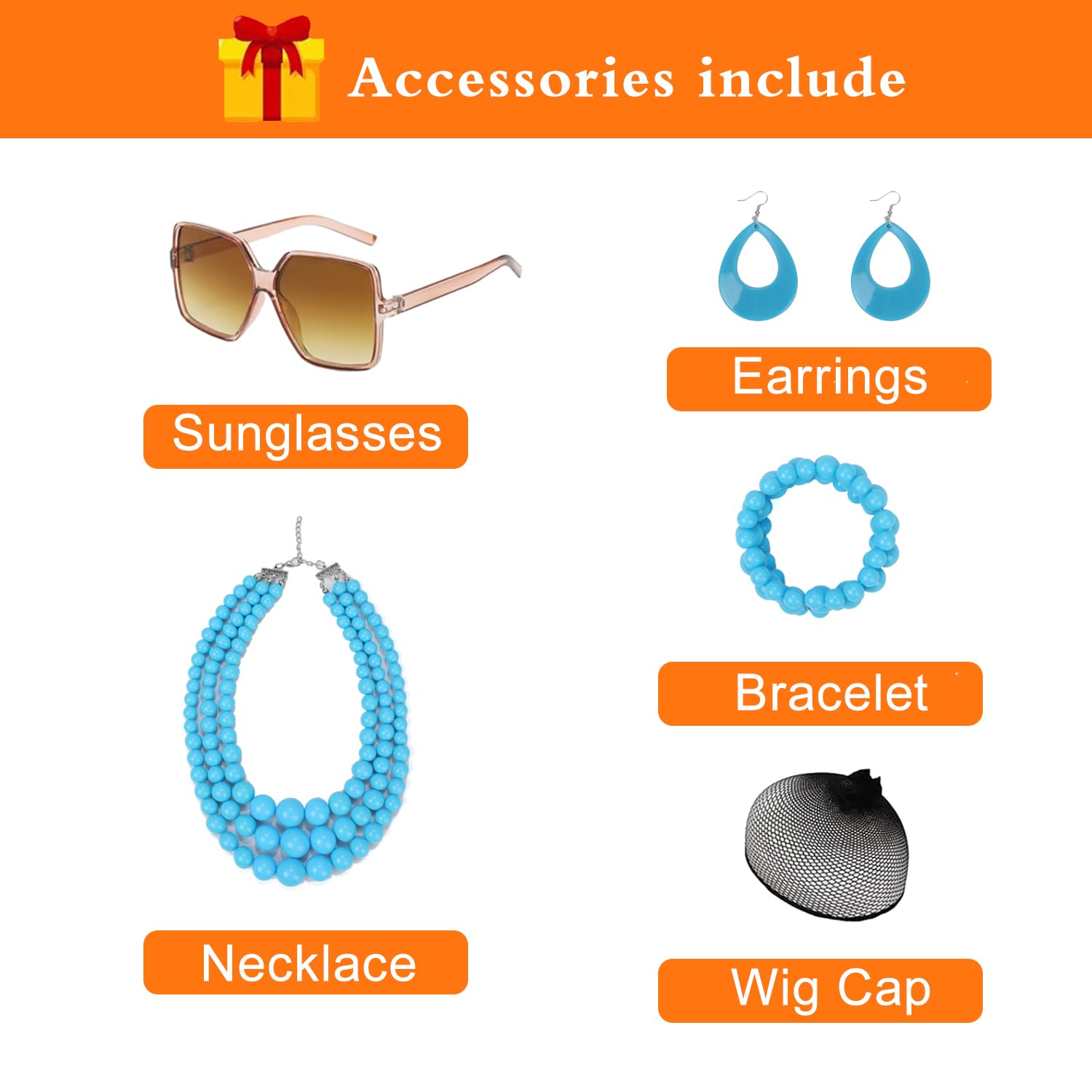 Women Short Curly Orange Red Wig 5Pcs Set with Sunglasses Blue Necklace Bracelet and Earrings for Party Cosplay Halloween Costume Wig - Image 3