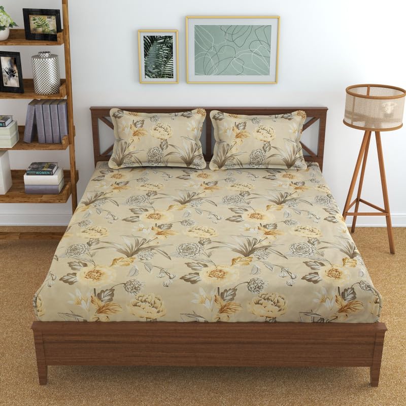 Waco Creation Glace Cotton Softtouch Luxury Printed Elastic Fitted bedsheet for Double Bed with 2 Pillow Covers, 90x100 Inches, Cream