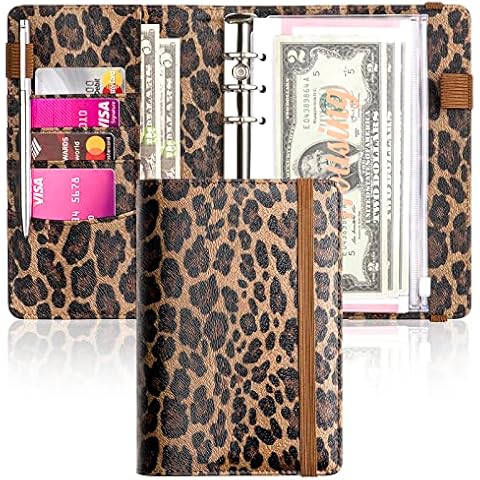 A6 Budget Binder for Money Saving Binder, PU Leather Budget Planner with Cash Envelopes, Budget Sheets & Rose Gold Category Stickers, Money Organizer for Cash Binder (Leopard) Cover