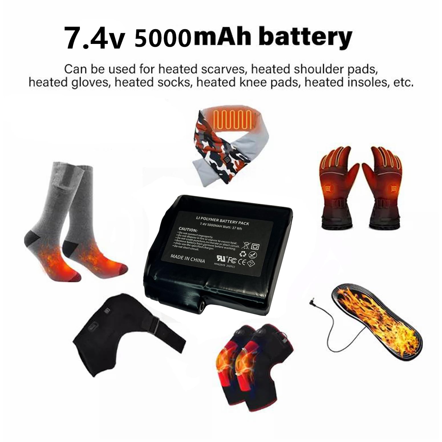 Wiederaufladbarer Akku für beheizbare Kleidung, 7,4 V, 5000 mAh Li-Polymer-Akku als Ersatz für beheizbare Handschuhe, Fäustlinge, Socken, Westen, Jacken, Handwärmer, Stiefel, Mützen und Knieschützer