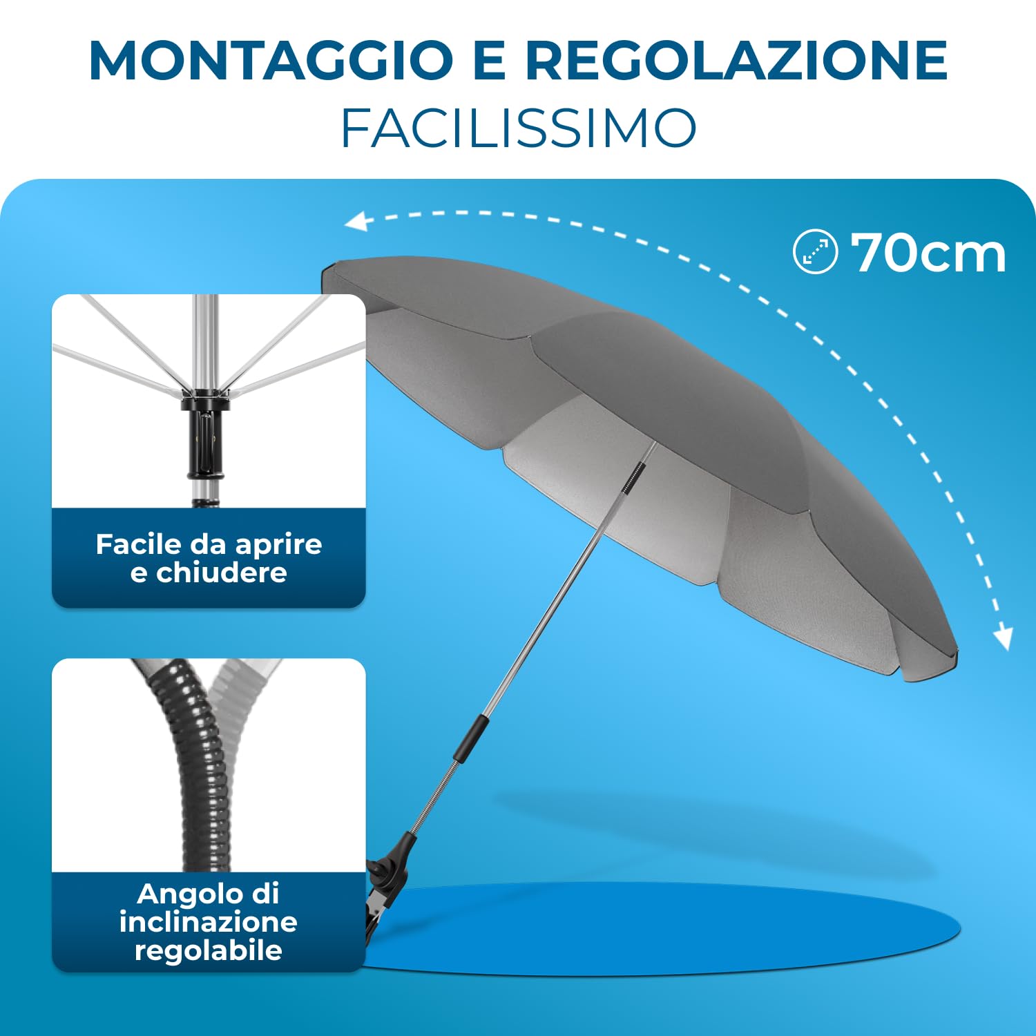 STYNGARD Ombrellino Passeggino UV 50+ 70 cm con Supporto Universale Modello ROMA