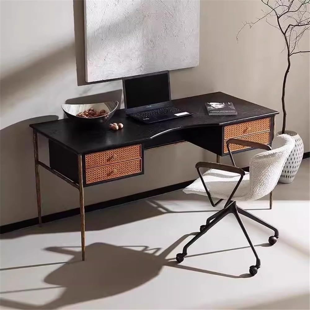 Table Bureau à domicile en chêne avec tiroirs rotin et structure métal