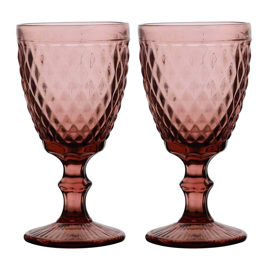 Dibor Set of 2 Wine Glasses Red Diamond Embossed Dishwasher Safe 270ml