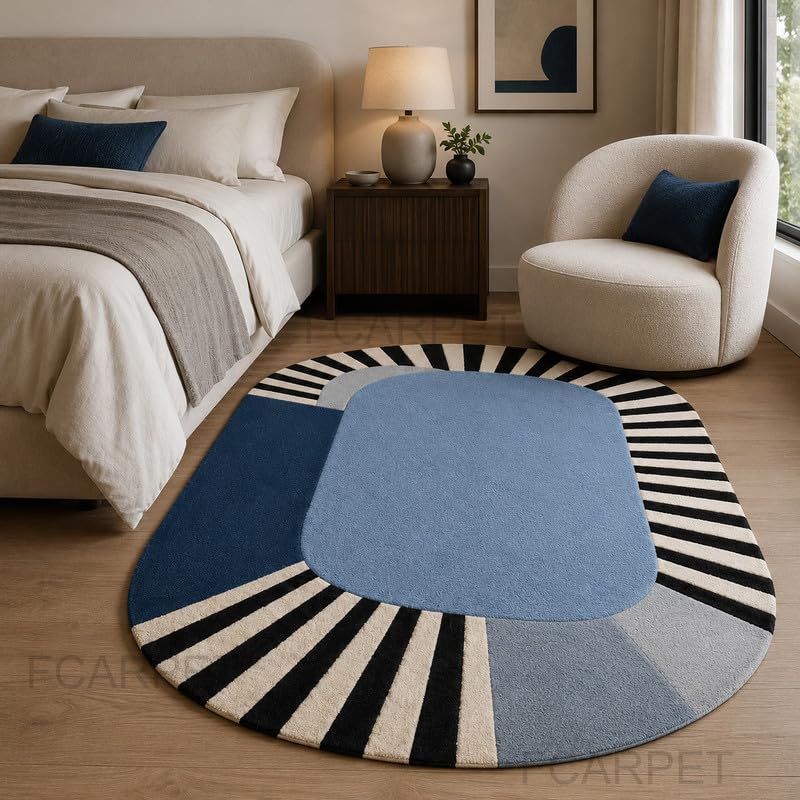 Image of Oval Carpet with Geometric Stripe Border Luxury Wool (Multicolor 5 x 8 feet)