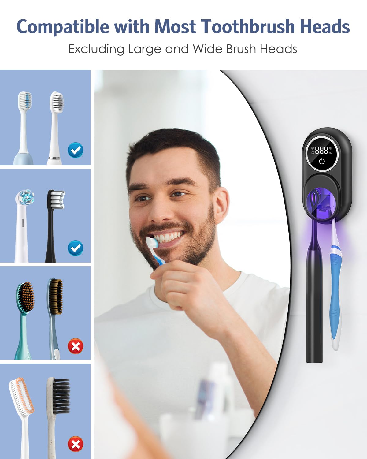 Soporte desinfectante para cepillos de dientes, soporte para cepillo de dientes UV mejorado con modo dual de limpieza y secado al aire, pantalla inteligente LED, cubierta autoinductiva