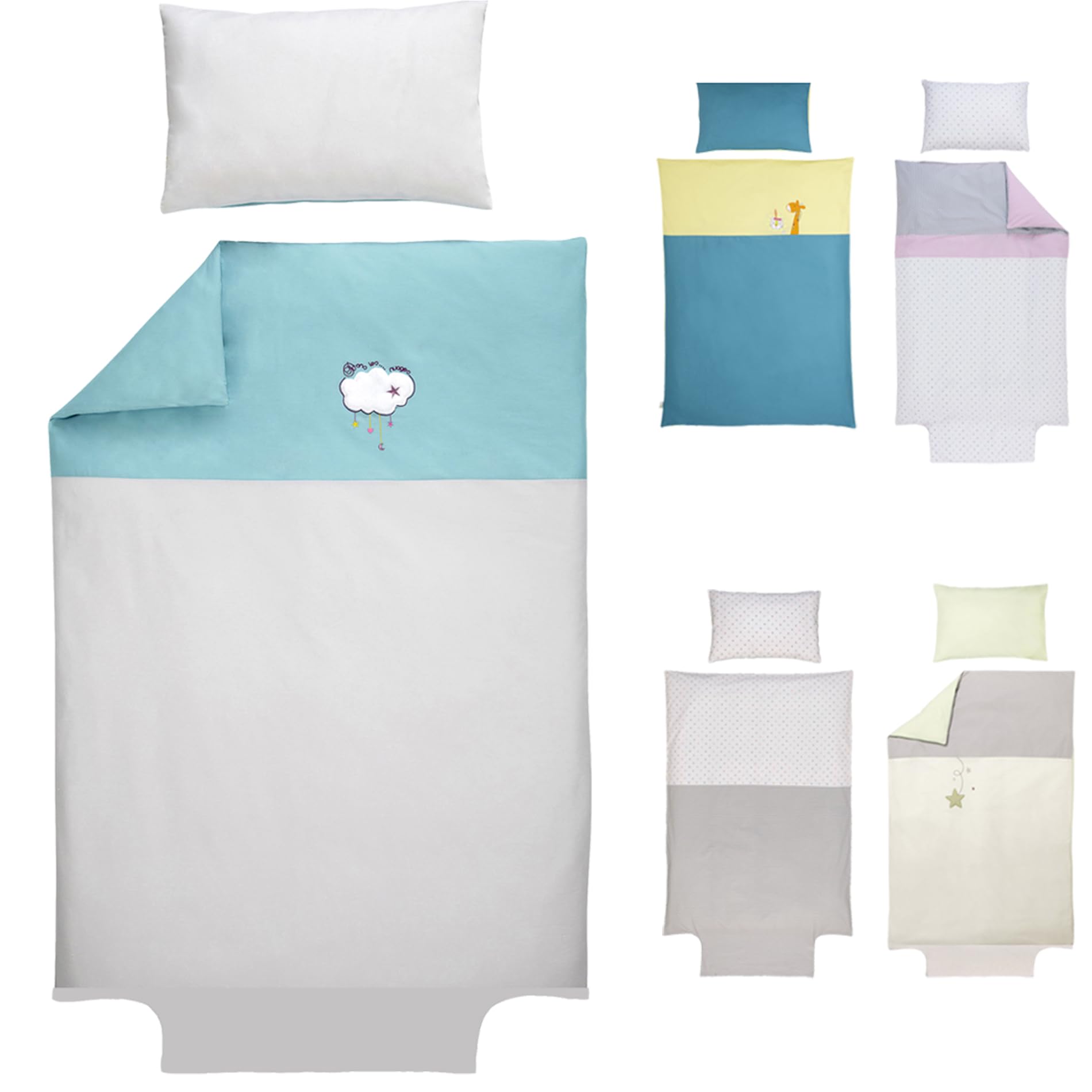 P'tit Basile - Housse de couette 100x135 cm ou 100x140 cm + Taie 40x60 cm - 100% coton BIO 57 fils - Parure de couette bébé brodée Dans les Nuages - Coloris gris et turquoise - lit 60x120 ou 70x140 cm