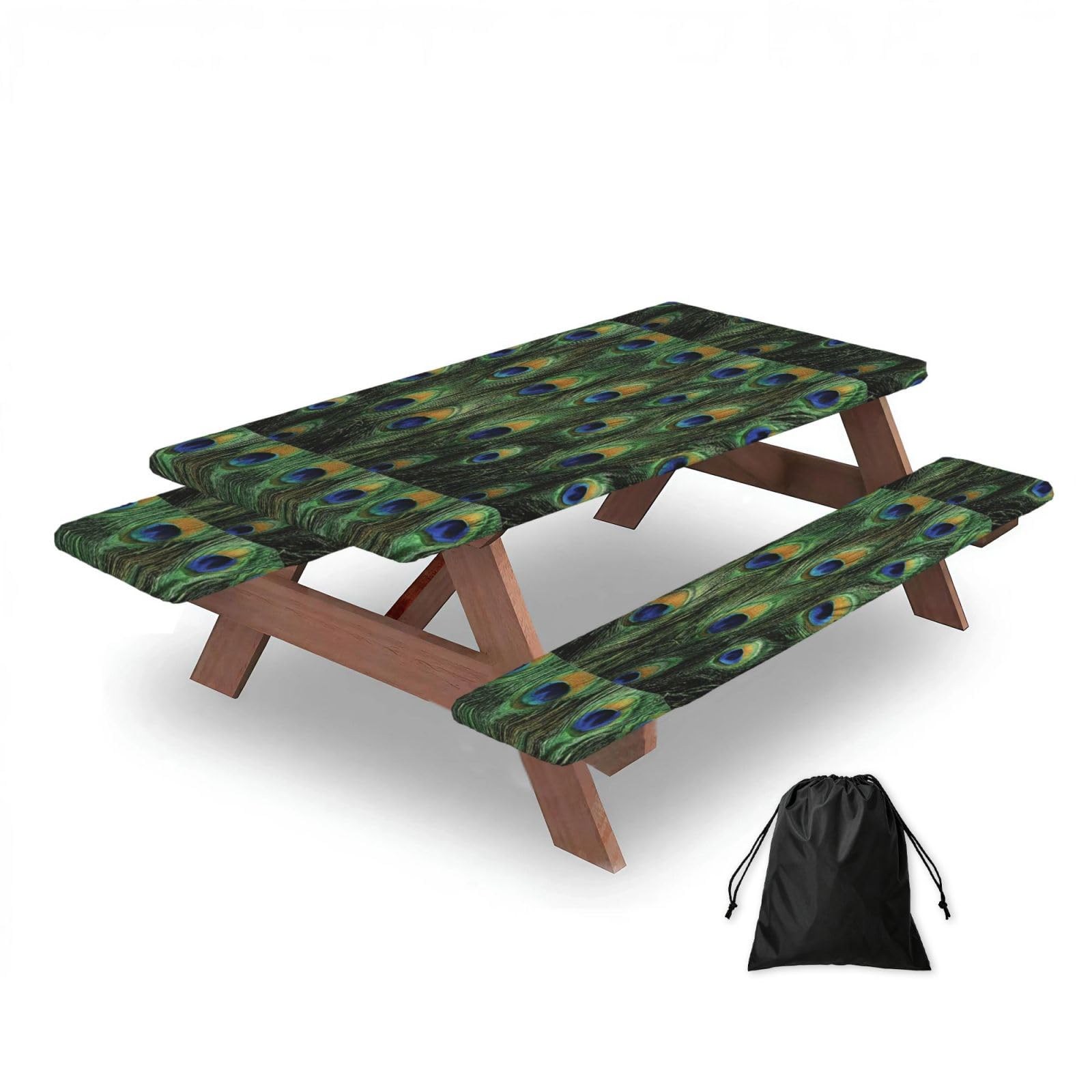 Dopklna As Picture Peacock Tail Feathers, Picnic Table Cover With Bench Covers -Waterproof Elastic Fitted Tablecloth For Garden Camping Patio 76X152cm