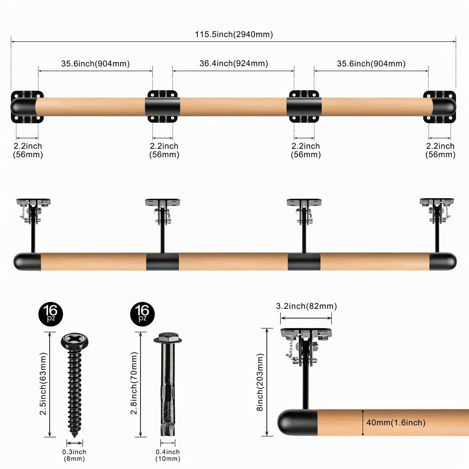Dolibest 1M-3M Ballet Barre, Wall Mounted Wood Stretching Dance Bar for Home Barre Workout Equipment with Metal Support Bracket Holder for Kids And Adults, 4cm Diameter