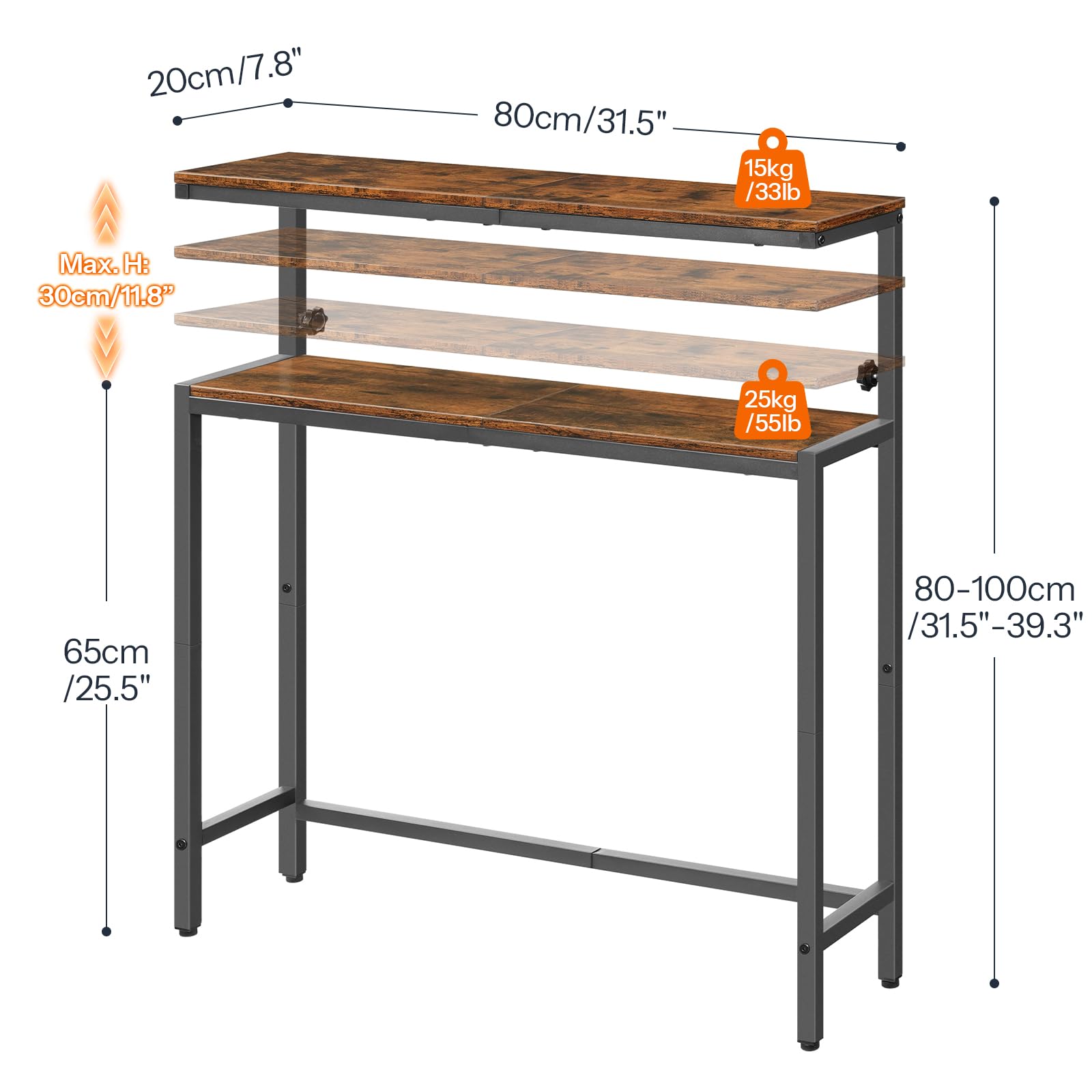HOOBRO Lot de 2, Table d’Entrée à 2 Niveaux, Table de Canapé de Style Industriel, pour Petits Espaces, Couloir Étroit, Salon, Hauteur Réglable de 80 à 100 cm, Marron Rustique et Noir EBF96XGP201