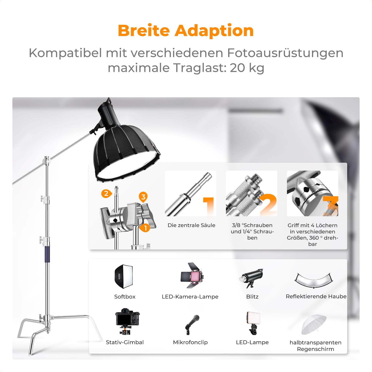 K&F CONCEPT 330CM Wirklich Edelstahl C Ständer Pufferfeder mit Boom Arm | Last 20KG Fotografie Lichtstativ mit 126cm Holding Arm, 2 Griffköpfe für Studio Monolicht, Softbox