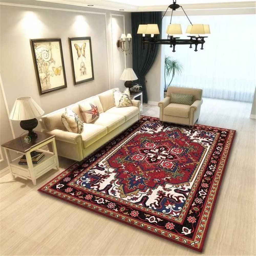 Tapis de salon rétro rouge gémétrique pour coin étude